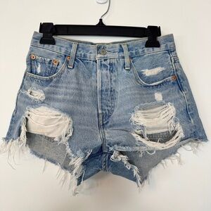 Levi's 501 High Waist Shorts Button Fly Jeans Denim Blue Distressed Fraying 25